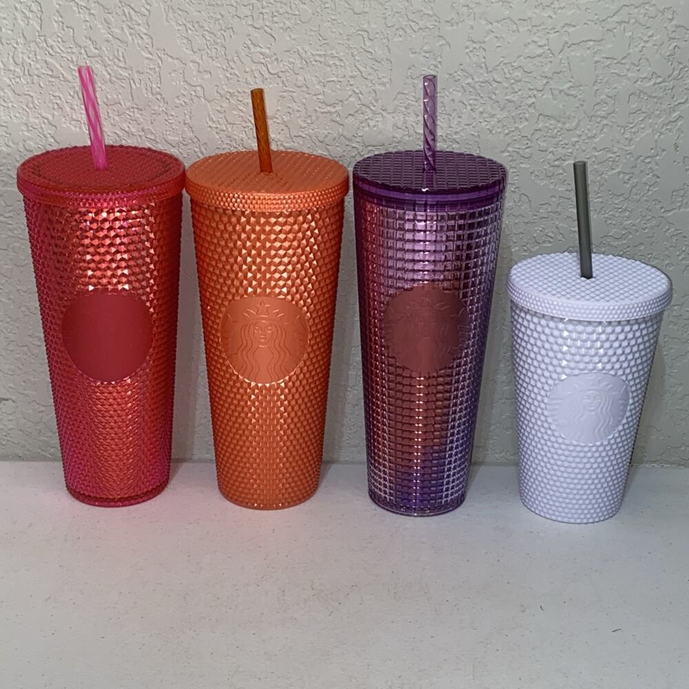 Starbucks Studded Tumbler Set Lot‎ 4 NEW Straws Pink Orange Purple White 16-24oz